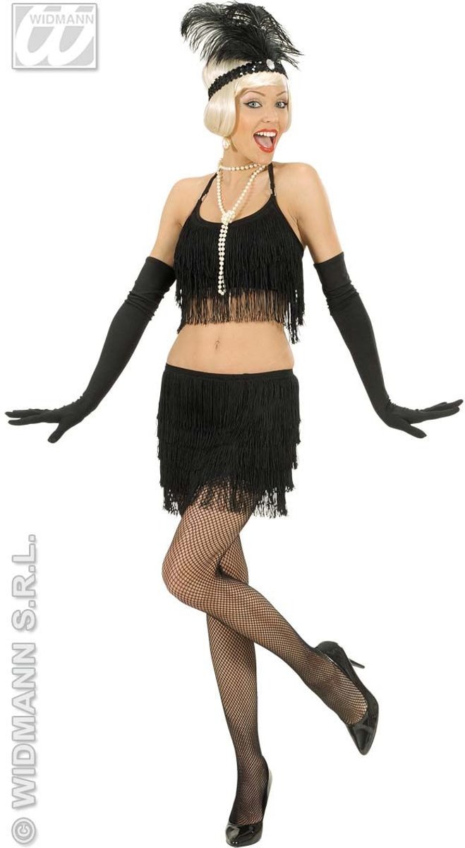 Jaren 20 Danseressen Kostuum | Twintiger Jaren Rok En Top Zwart Met Franjes Kostuum Vrouw | Large | Carnaval kostuum | Verkleedkleding